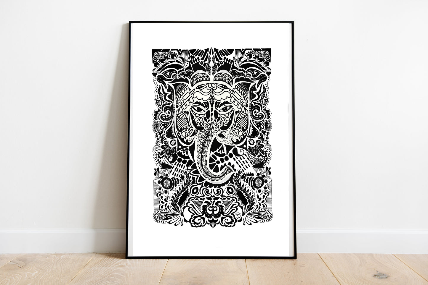 ArtbyKAMASK Originals Artwork Home Decor I A4 Size Frame with Acrylic Face I 9 x 12 Inches (29.7 x 21 cms) I Ganpati Abstract Artwork I The Immersed Ganesha Abstract Grid - In Pen & Ink