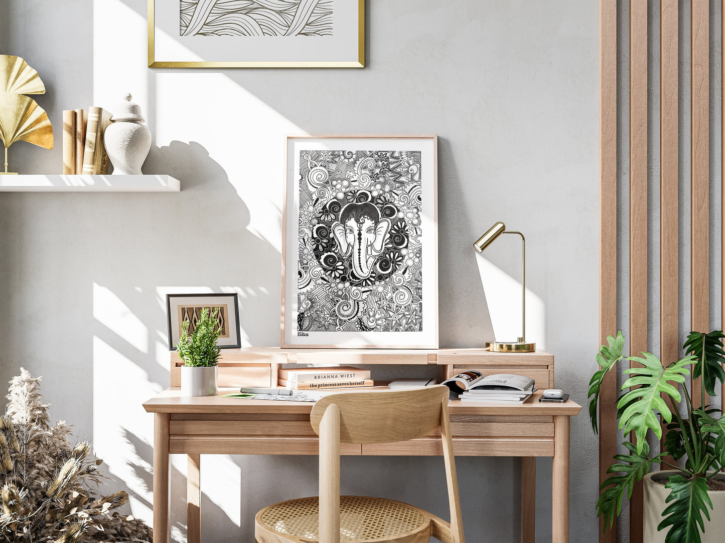 ArtbyKAMASK Originals Artwork Home Decor I A4 Size Frame with Acrylic Face I 9 x 12 Inches (29.7 x 21 cms) I Ganpati Abstract Artwork I Ekdant Dayawant Abstract Grid - In Pen & Ink