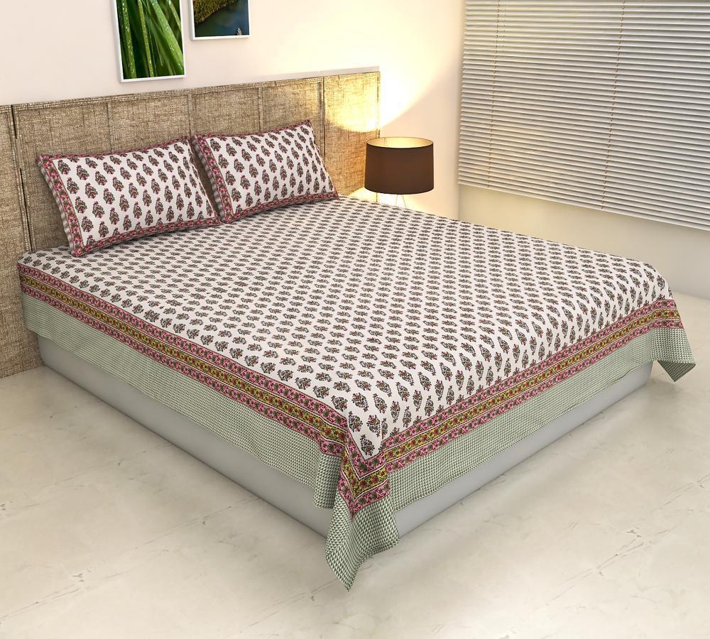 ArtbyKAMASK 100% Organic Cotton Hand Block Printed Double Bed Sheet - 210 TC Double Bed Sheet in Queen Size - Size - 90 X 108 Inches (228 x 274 cms) - 1 Bedsheet and 2 Pillow Covers - Garima Orange + 2 Variants
