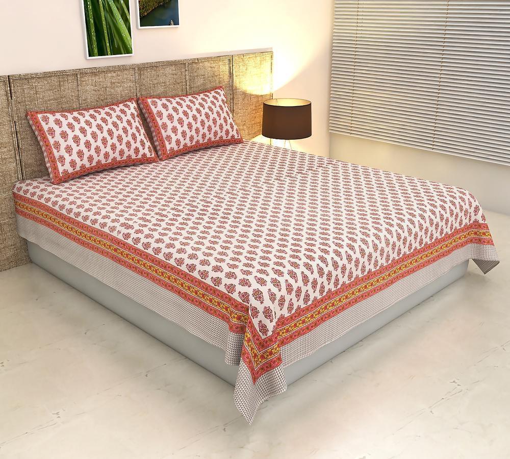 ArtbyKAMASK 100% Organic Cotton Hand Block Printed Double Bed Sheet - 210 TC Double Bed Sheet in Queen Size - Size - 90 X 108 Inches (228 x 274 cms) - 1 Bedsheet and 2 Pillow Covers - Garima Orange + 2 Variants