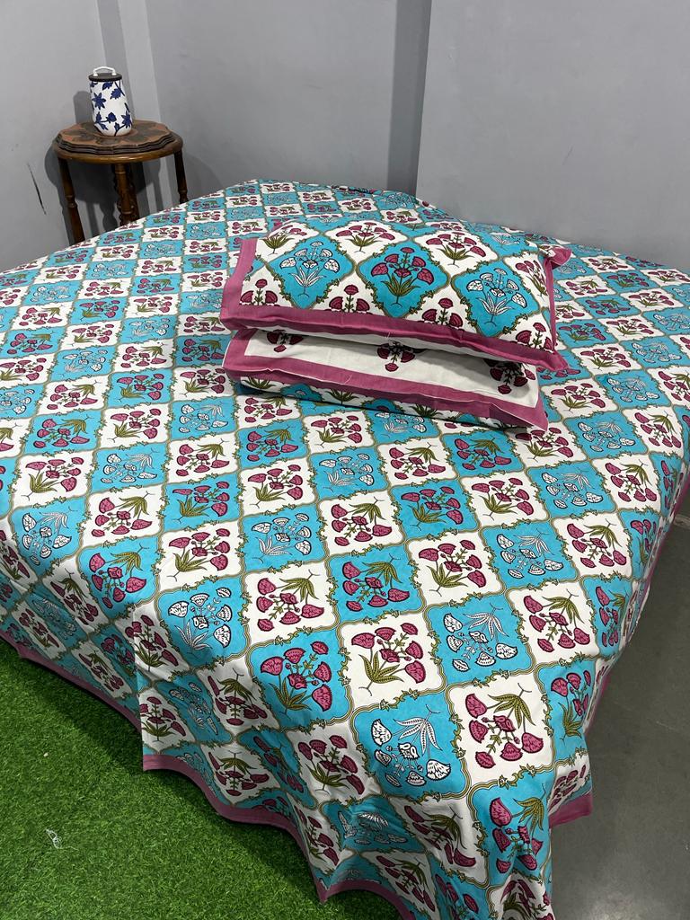 ArtbyKAMASK 100% Organic Cotton Hand Block Printed Double Bed Sheet I 210 TC Double Bed Sheet in King Size I Size - 108 X 108 Inches 274 x 274 cms) I 1 Bedsheet and 2 Pillow Covers I Gayatri in Grey + 2 Variants