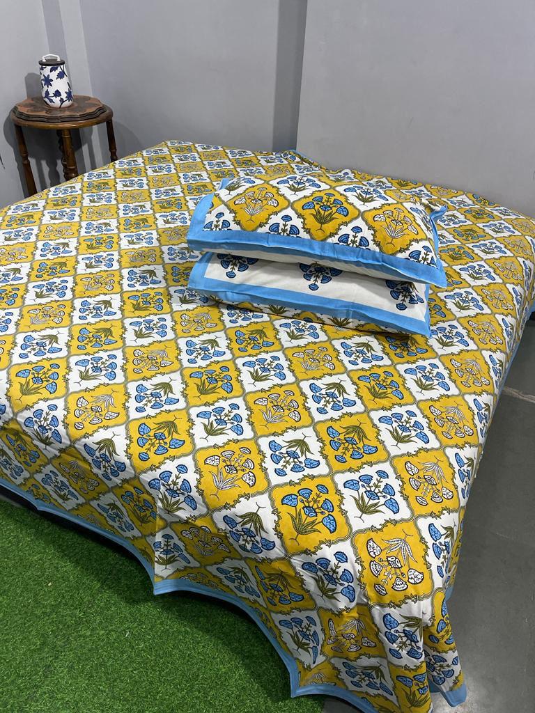 ArtbyKAMASK 100% Organic Cotton Hand Block Printed Double Bed Sheet I 210 TC Double Bed Sheet in King Size I Size - 108 X 108 Inches 274 x 274 cms) I 1 Bedsheet and 2 Pillow Covers I Gayatri in Grey + 2 Variants