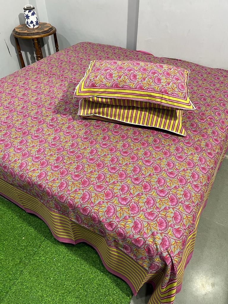 ArtbyKAMASK 100% Organic Cotton Hand Block Printed Double Bed Sheet - 210 TC Double Bed Sheet in King Size - Size - 108 X 108 Inches 274 x 274 cms) - 1 Bedsheet and 2 Pillow Covers - Gita Blue + 2 Variants