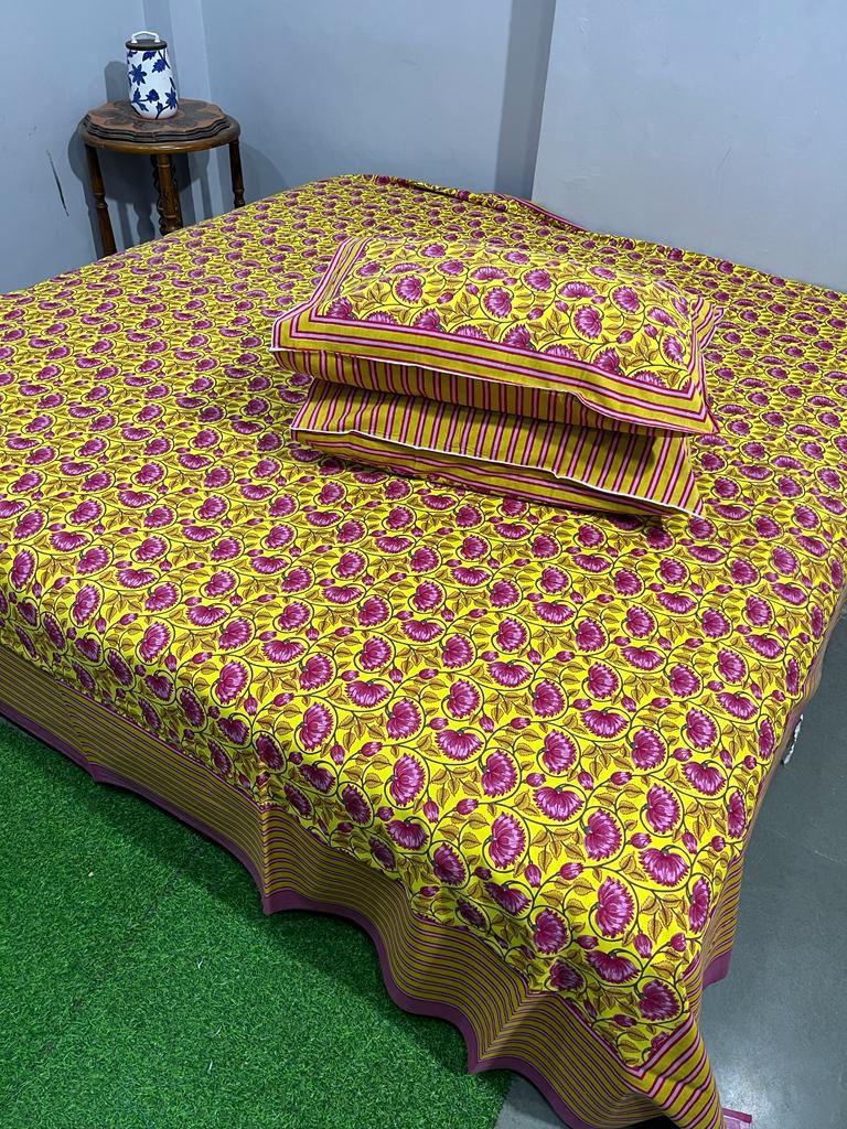 ArtbyKAMASK 100% Organic Cotton Hand Block Printed Double Bed Sheet - 210 TC Double Bed Sheet in King Size - Size - 108 X 108 Inches 274 x 274 cms) - 1 Bedsheet and 2 Pillow Covers - Gita Blue + 2 Variants