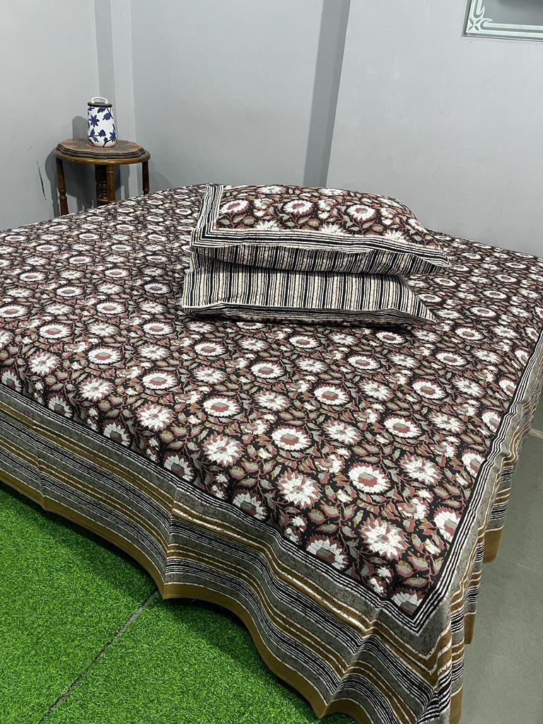 ArtbyKAMASK 100% Organic Cotton Hand Block Printed Double Bed Sheet I 210 TC Double Bed Sheet in King Size I Size - 108 X 108 Inches 274 x 274 cms) I 1 Bedsheet and 2 Pillow Covers I Hema Black + 2 Variants
