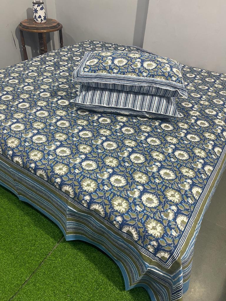 ArtbyKAMASK 100% Organic Cotton Hand Block Printed Double Bed Sheet I 210 TC Double Bed Sheet in King Size I Size - 108 X 108 Inches 274 x 274 cms) I 1 Bedsheet and 2 Pillow Covers I Hema Black + 2 Variants