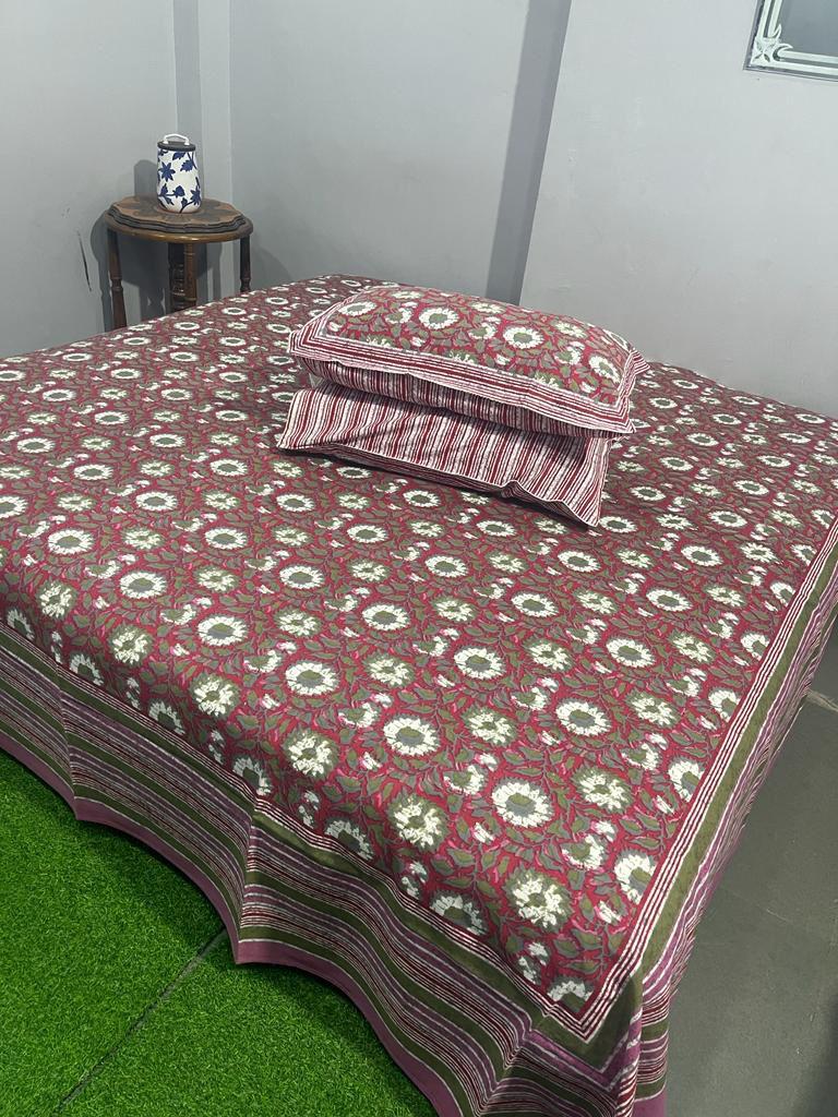 ArtbyKAMASK 100% Organic Cotton Hand Block Printed Double Bed Sheet I 210 TC Double Bed Sheet in King Size I Size - 108 X 108 Inches 274 x 274 cms) I 1 Bedsheet and 2 Pillow Covers I Hema Black + 2 Variants