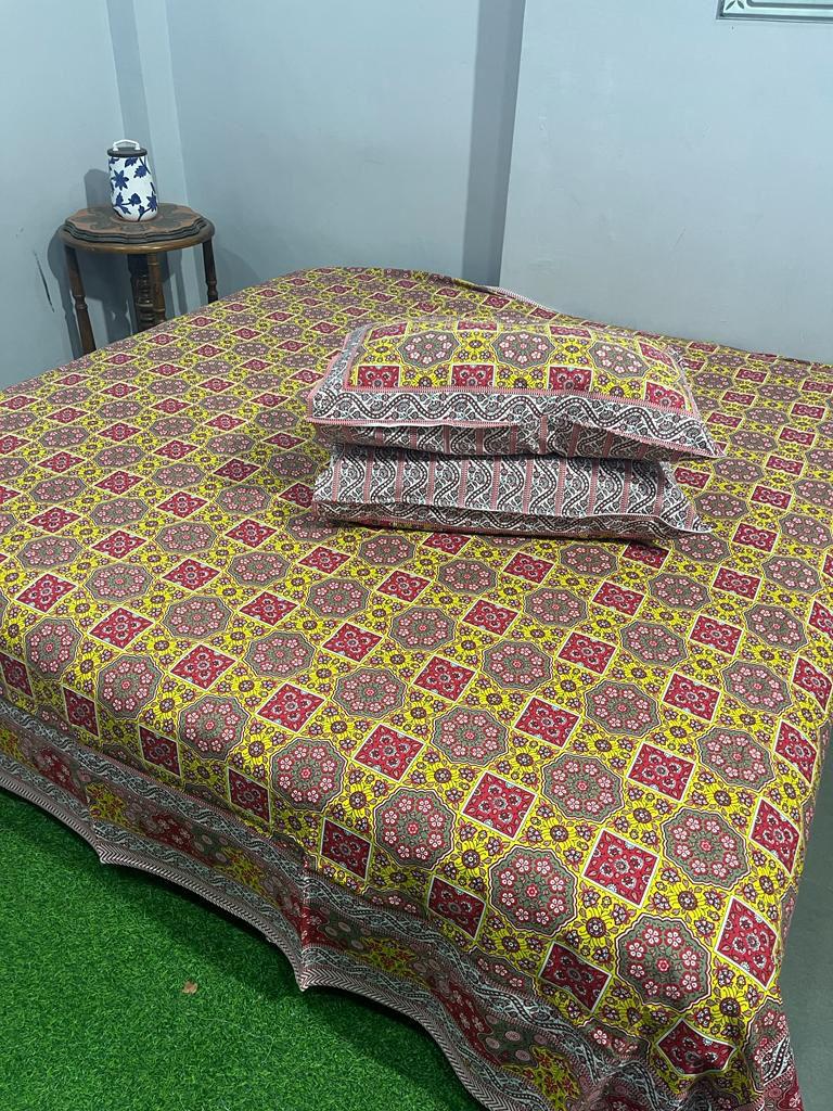 ArtbyKAMASK 100% Organic Cotton Hand Block Printed Double Bed Sheet I 210 TC Double Bed Sheet in King Size I Size - 108 X 108 Inches 274 x 274 cms) I 1 Bedsheet and 2 Pillow Covers I Hemangi Blue + 2 Variants