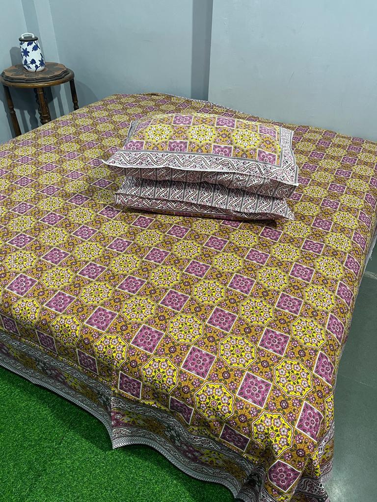 ArtbyKAMASK 100% Organic Cotton Hand Block Printed Double Bed Sheet I 210 TC Double Bed Sheet in King Size I Size - 108 X 108 Inches 274 x 274 cms) I 1 Bedsheet and 2 Pillow Covers I Hemangi Blue + 2 Variants
