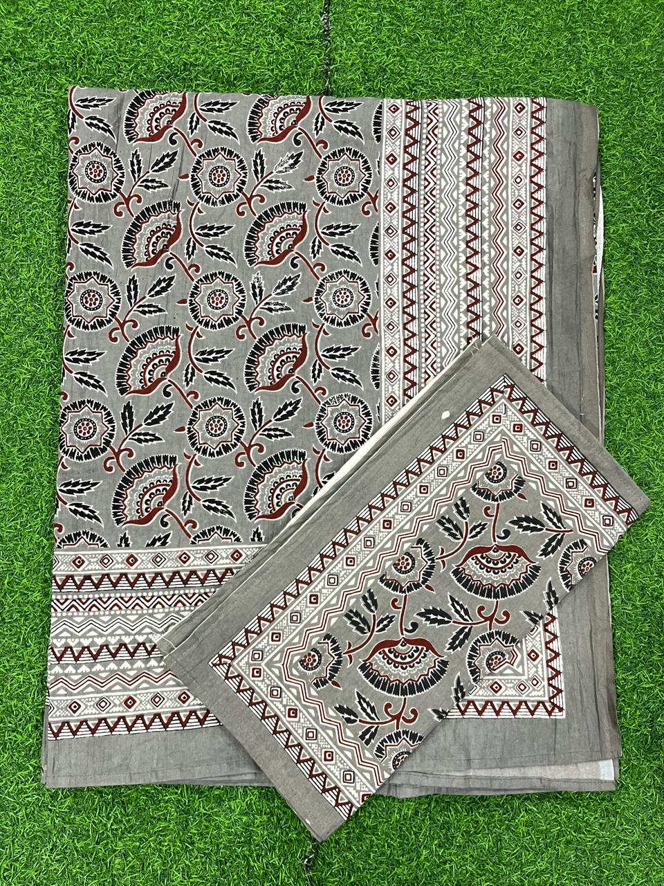 ArtbyKAMASK 100% Organic Cotton Hand Block Printed Double Bed Sheet - 210 TC Double Bed Sheet in Queen Size - Size - 90 X 108 Inches (228 x 274 cms) - 1 Bedsheet and 2 Pillow Covers - Hirani Grey & Blue