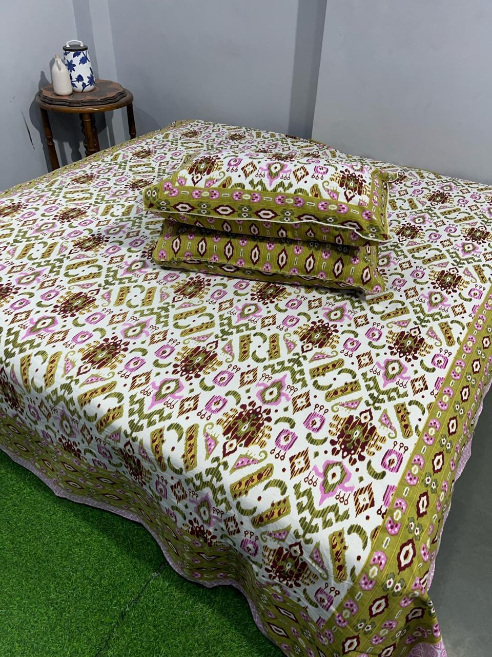 ArtbyKAMASK 100% Organic Cotton Hand Block Printed Double Bed Sheet I 210 TC Double Bed Sheet in Queen Size I Size - 90 X 108 Inches (228 x 274 cms) I 1 Bedsheet and 2 Pillow Covers I Ikat Blue & White + 2 colors