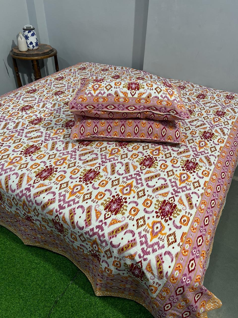 ArtbyKAMASK 100% Organic Cotton Hand Block Printed Double Bed Sheet I 210 TC Double Bed Sheet in Queen Size I Size - 90 X 108 Inches (228 x 274 cms) I 1 Bedsheet and 2 Pillow Covers I Ikat Blue & White + 2 colors