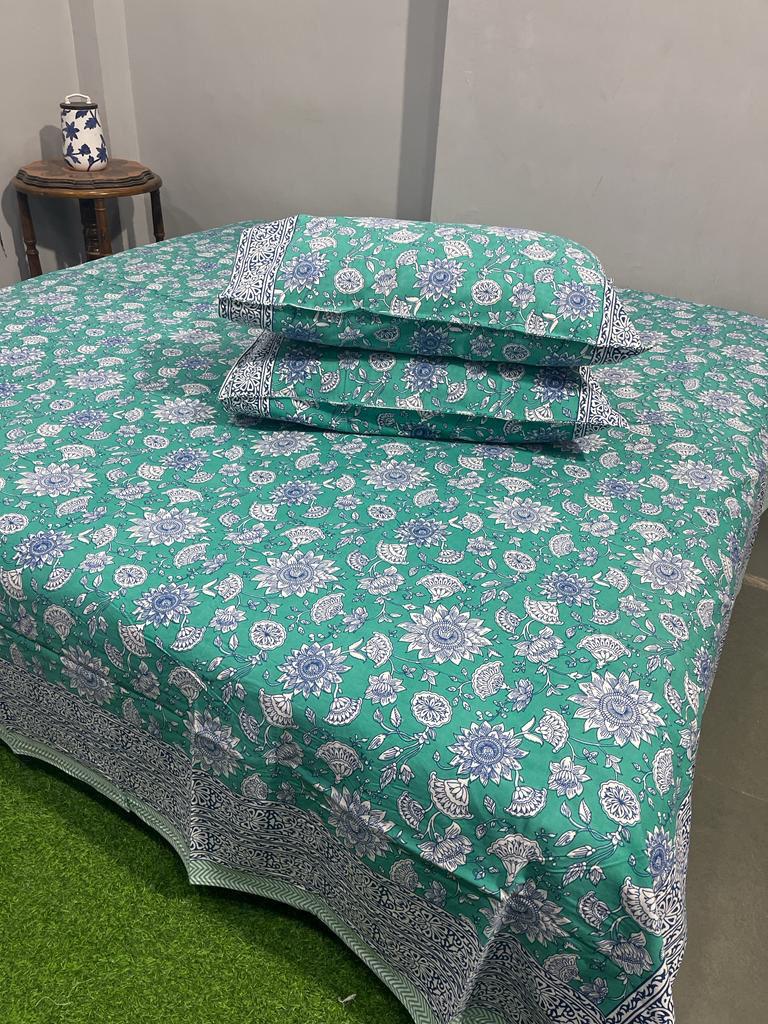 ArtbyKAMASK 100% Organic Cotton Hand Block Printed Double Bed Sheet - 210 TC Double Bed Sheet in King Size - Size - 108 X 108 Inches 274 x 274 cms) - 1 Bedsheet and 2 Pillow Covers - Ishani Pink and Teal