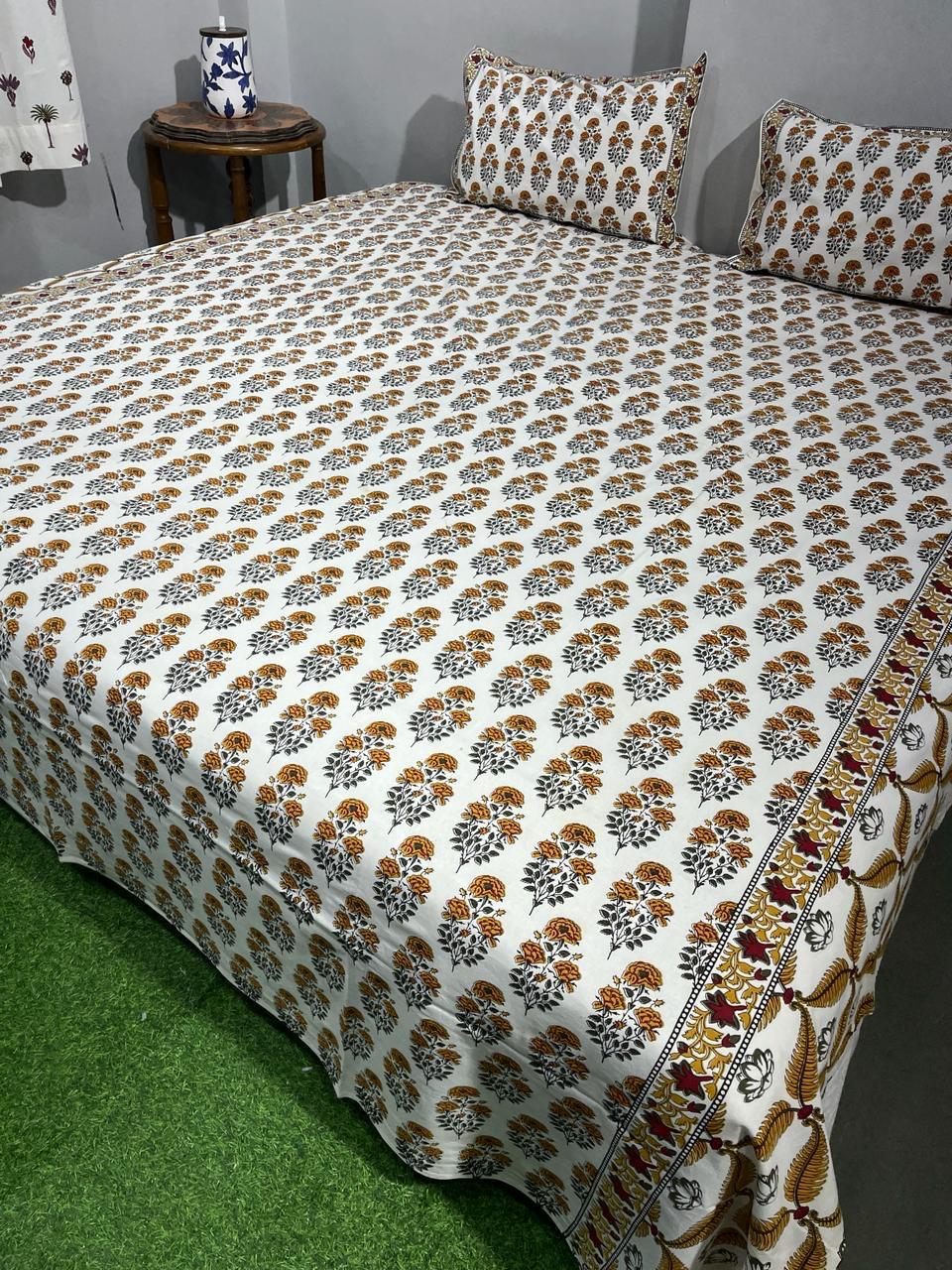 ArtbyKAMASK 100% Organic Cotton Hand Block Printed Double Bed Sheet - 210 TC Double Bed Sheet in Queen Size - Size - 90 X 108 Inches (228 x 274 cms) - 1 Bedsheet and 2 Pillow Covers - Jyoti Blue + 3 Variants