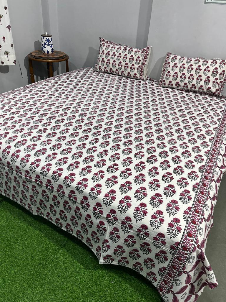 ArtbyKAMASK 100% Organic Cotton Hand Block Printed Double Bed Sheet - 210 TC Double Bed Sheet in Queen Size - Size - 90 X 108 Inches (228 x 274 cms) - 1 Bedsheet and 2 Pillow Covers - Jyoti Blue + 3 Variants