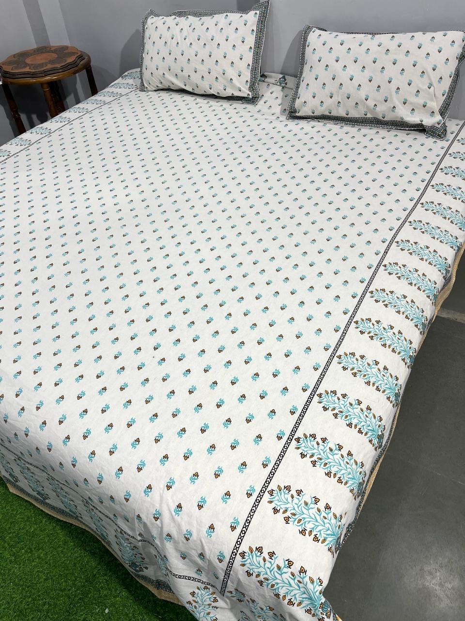 ArtbyKAMASK 100% Organic Cotton Hand Block Printed Double Bed Sheet - 210 TC Double Bed Sheet in Queen Size - Size - 90 X 108 Inches (228 x 274 cms) - 1 Bedsheet and 2 Pillow Covers - Kaavya Teal & Blue