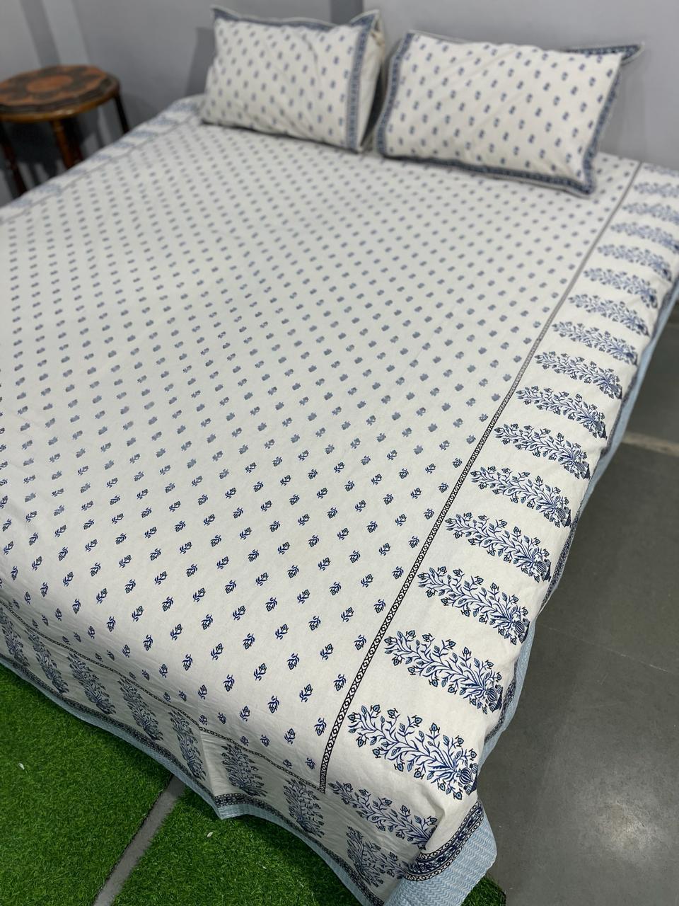 ArtbyKAMASK 100% Organic Cotton Hand Block Printed Double Bed Sheet - 210 TC Double Bed Sheet in Queen Size - Size - 90 X 108 Inches (228 x 274 cms) - 1 Bedsheet and 2 Pillow Covers - Kaavya Teal & Blue