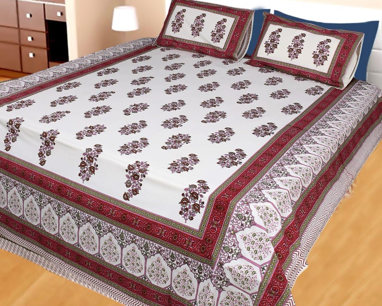 ArtbyKAMASK 100% Organic Cotton Hand Block Printed Double Bed Sheet - 210 TC Double Bed Sheet in Queen Size - Size - 90 X 108 Inches (228 x 274 cms) - 1 Bedsheet and 2 Pillow Covers - Kalki Blue & Maroon