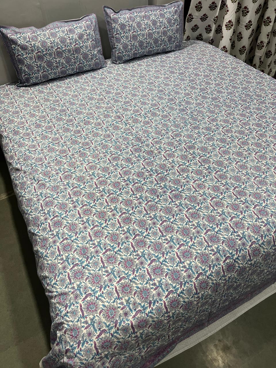 ArtbyKAMASK 100% Organic Cotton Hand Block Printed Double Bed Sheet I 210 TC Double Bed Sheet in King Size I Size - 108 X 108 Inches 274 x 274 cms) I 1 Bedsheet and 2 Pillow Covers I Kanika Purple + 2 Variants