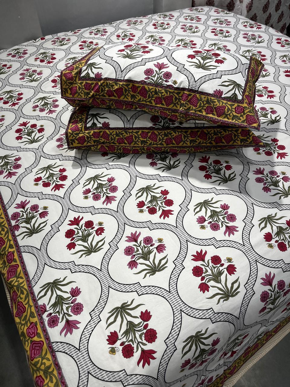 ArtbyKAMASK 100% Organic Cotton Hand Block Printed Double Bed Sheet - 210 TC Double Bed Sheet in Queen Size - Size - 90 X 108 Inches (228 x 274 cms) - 1 Bedsheet and 2 Pillow Covers - Leela Blue + 2 Variants
