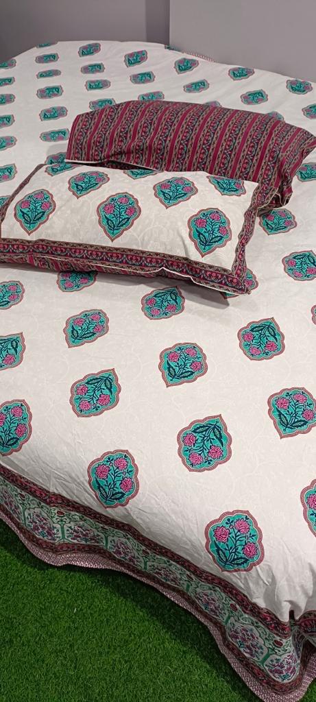 ArtbyKAMASK 100% Organic Cotton Hand Block Printed Double Bed Sheet I 210 TC Double Bed Sheet in King Size I Size - 108 X 108 Inches 274 x 274 cms) I 1 Bedsheet and 2 Pillow Covers I Kiran Green + 2 Variants