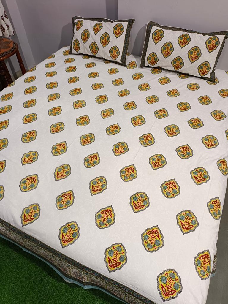 ArtbyKAMASK 100% Organic Cotton Hand Block Printed Double Bed Sheet I 210 TC Double Bed Sheet in King Size I Size - 108 X 108 Inches 274 x 274 cms) I 1 Bedsheet and 2 Pillow Covers I Kiran Green + 2 Variants
