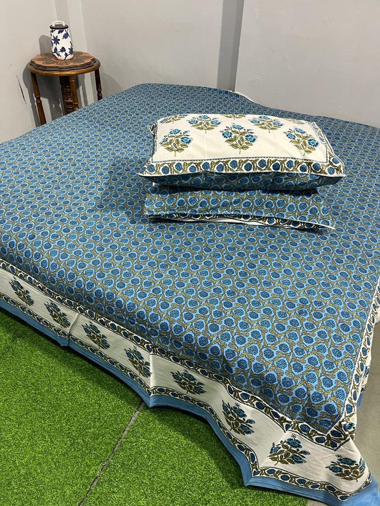 ArtbyKAMASK 100% Organic Cotton Hand Block Printed Double Bed Sheet - 210 TC Double Bed Sheet in King Size - Size - 108 X 108 Inches 274 x 274 cms) - 1 Bedsheet and 2 Pillow Covers - Kumari Yellow + 3 Variants