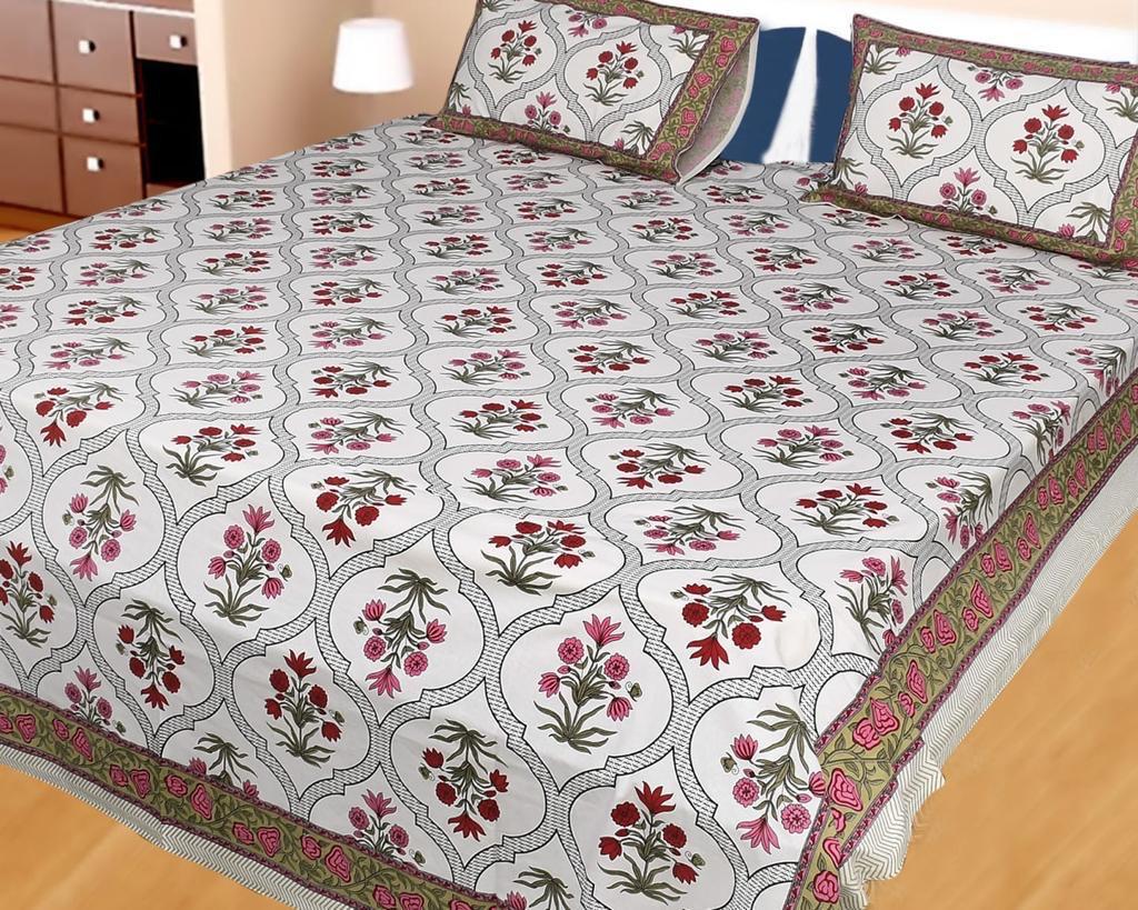 ArtbyKAMASK 100% Organic Cotton Hand Block Printed Double Bed Sheet - 210 TC Double Bed Sheet in Queen Size - Size - 90 X 108 Inches (228 x 274 cms) - 1 Bedsheet and 2 Pillow Covers - Leela Blue + 2 Variants