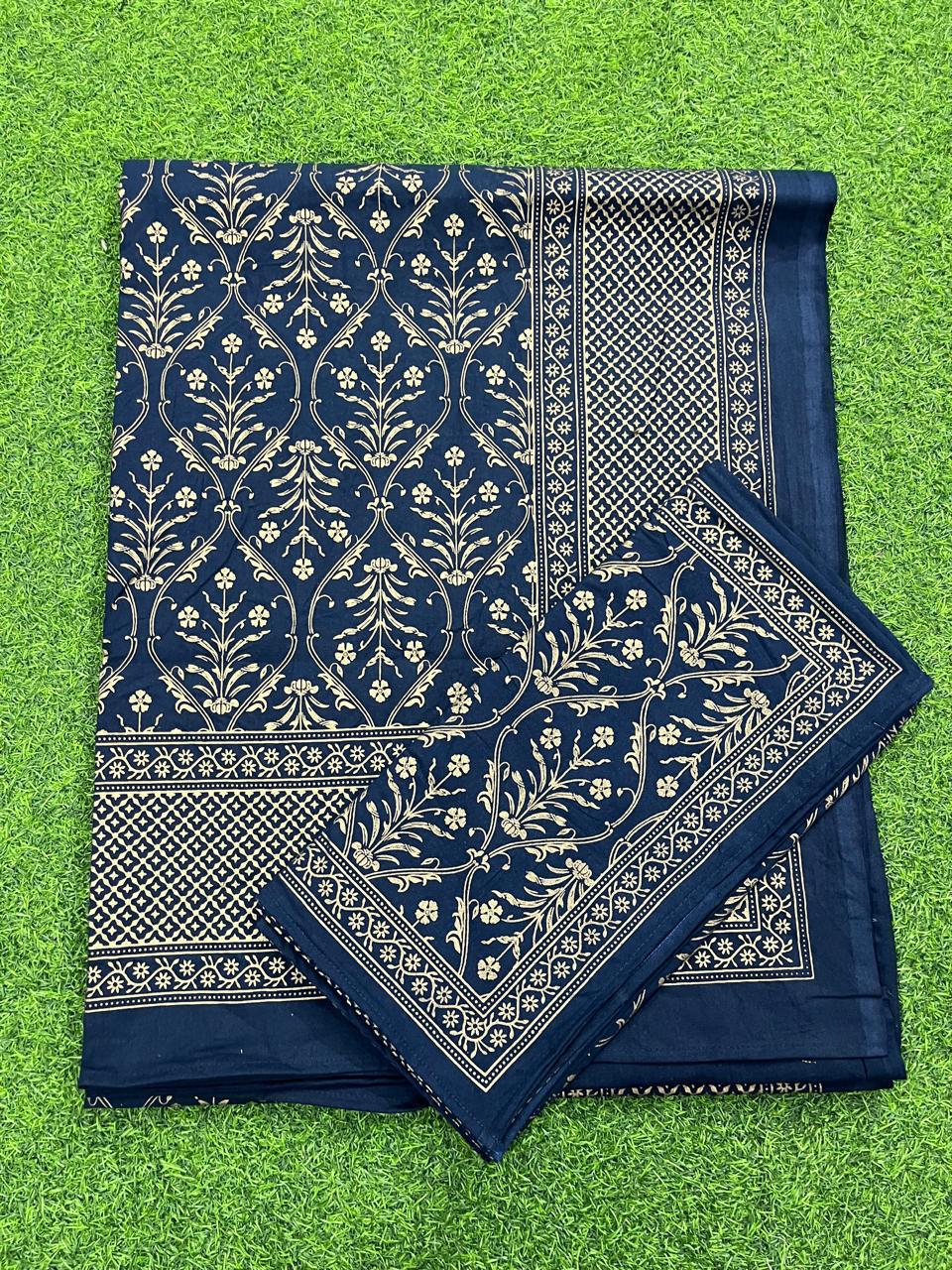 ArtbyKAMASK 100% Organic Cotton Hand Block Printed Double Bed Sheet - 210 TC Double Bed Sheet in Queen Size - Size - 90 X 108 Inches (228 x 274 cms) - 1 Bedsheet and 2 Pillow Covers - Lipika Navy Blue