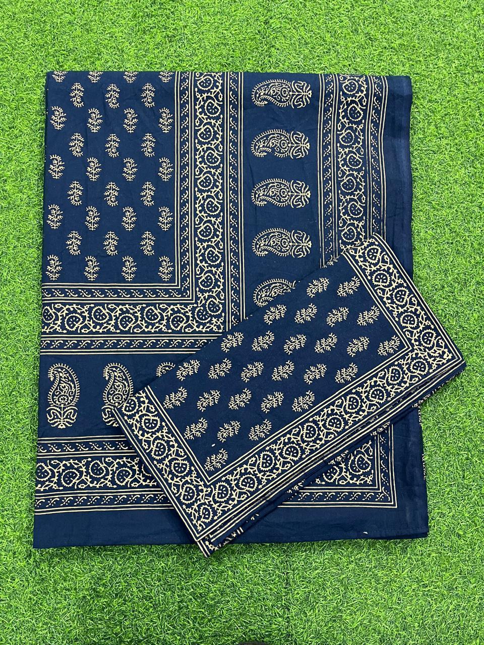 ArtbyKAMASK 100% Organic Cotton Hand Block Printed Double Bed Sheet - 210 TC Double Bed Sheet in Queen Size - Size - 90 X 108 Inches (228 x 274 cms) - 1 Bedsheet and 2 Pillow Covers - Lipika Navy Blue