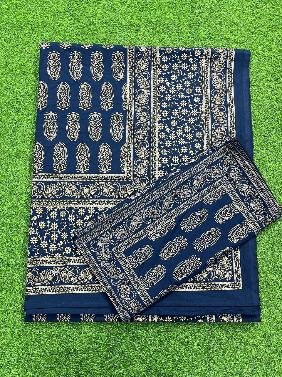 ArtbyKAMASK 100% Organic Cotton Hand Block Printed Double Bed Sheet - 210 TC Double Bed Sheet in Queen Size - Size - 90 X 108 Inches (228 x 274 cms) - 1 Bedsheet and 2 Pillow Covers - Lipika Navy Blue