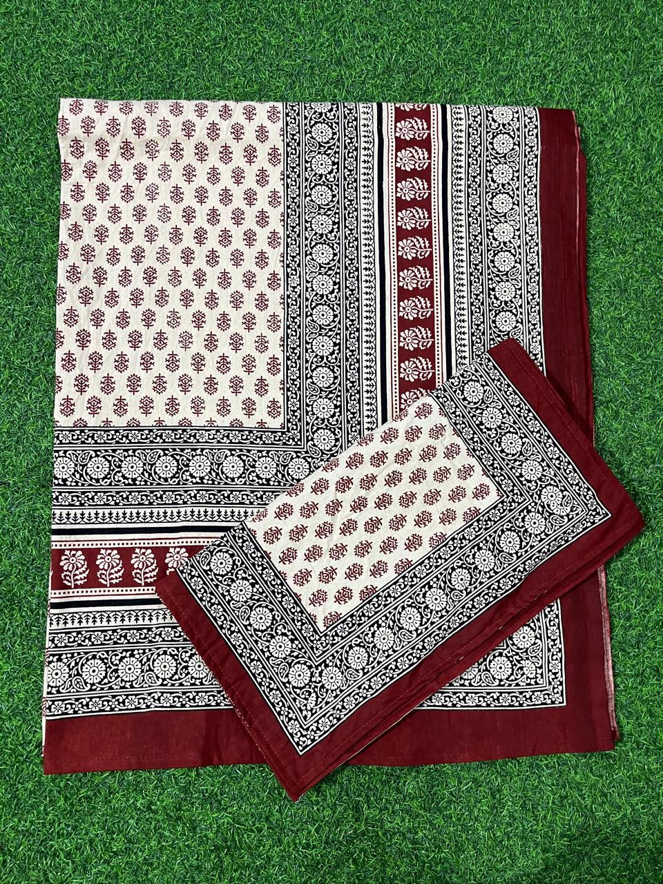 ArtbyKAMASK 100% Organic Cotton Hand Block Printed Double Bed Sheet - 210 TC Double Bed Sheet in Queen Size - Size - 90 X 108 Inches (228 x 274 cms) - 1 Bedsheet and 2 Pillow Covers - Malti Maroon & Black