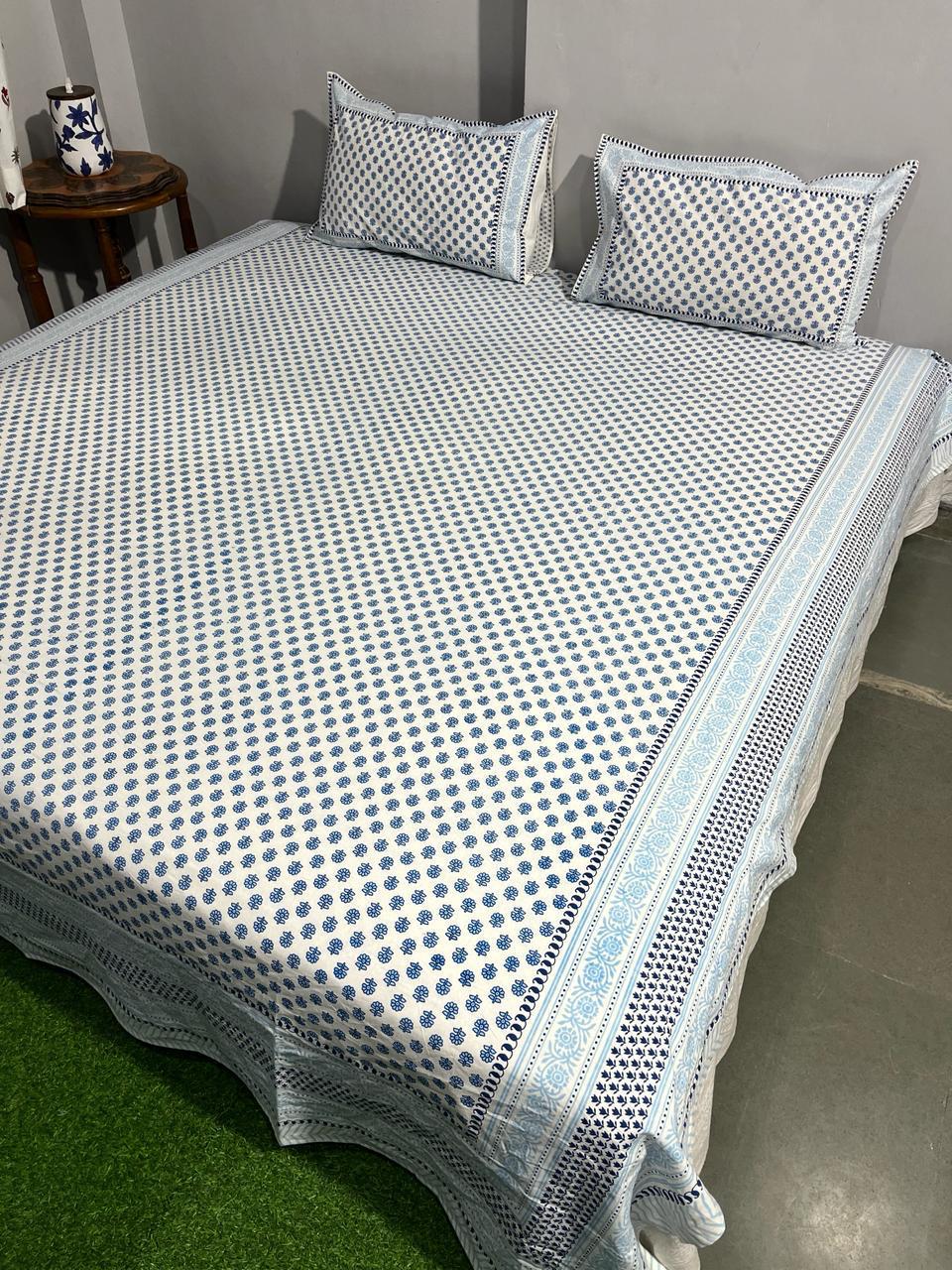 ArtbyKAMASK 100% Organic Cotton Hand Block Printed Double Bed Sheet I 210 TC Double Bed Sheet in Queen Size I Size - 90 X 108 Inches (228 x 274 cms) I 1 Bedsheet and 2 Pillow Covers I Meera Black