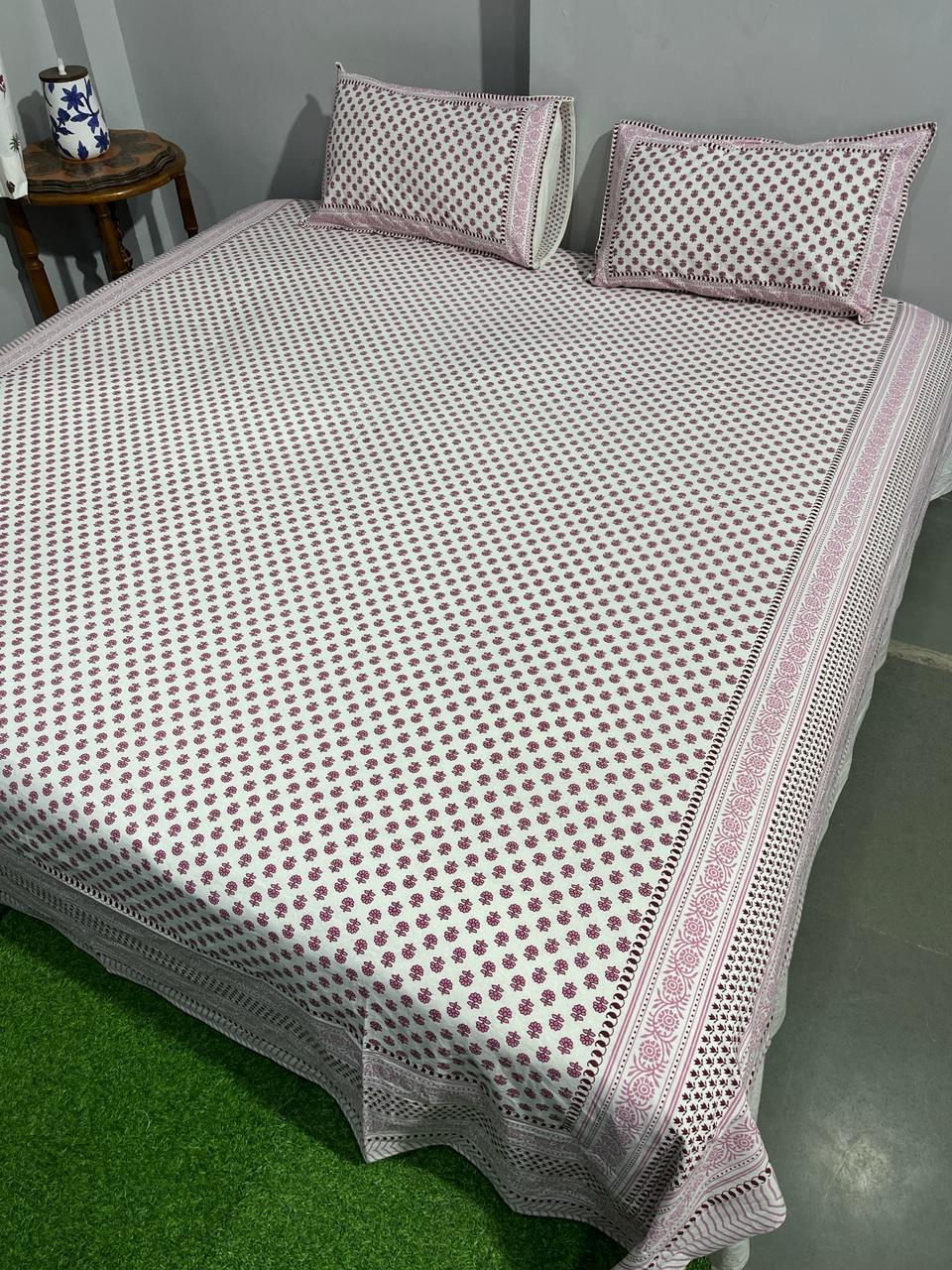 ArtbyKAMASK 100% Organic Cotton Hand Block Printed Double Bed Sheet I 210 TC Double Bed Sheet in Queen Size I Size - 90 X 108 Inches (228 x 274 cms) I 1 Bedsheet and 2 Pillow Covers I Meera Black