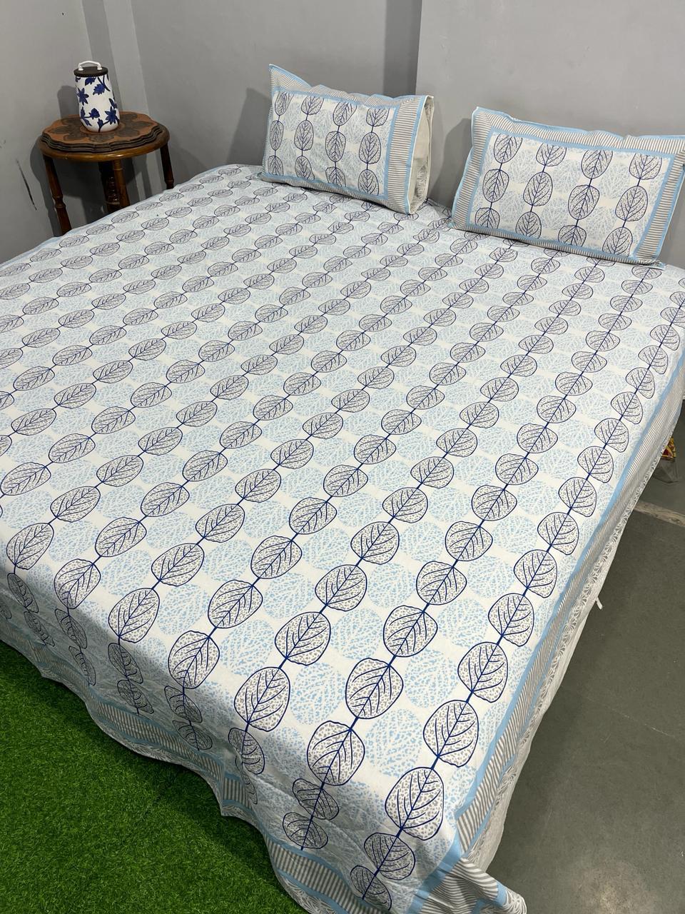 ArtbyKAMASK 100% Organic Cotton Hand Block Printed Double Bed Sheet I 210 TC Double Bed Sheet in King Size I Size - 108 X 108 Inches 274 x 274 cms) I 1 Bedsheet and 2 Pillow Covers I Mohini Blue + 2 Variants