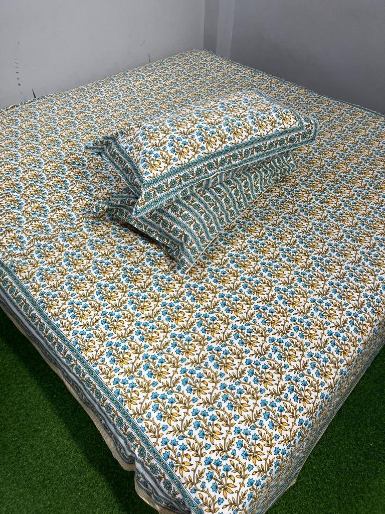 Hand-block printed organic cotton bed sheet, queen size, with traditional Bagru design by ArtbyKAMASK.