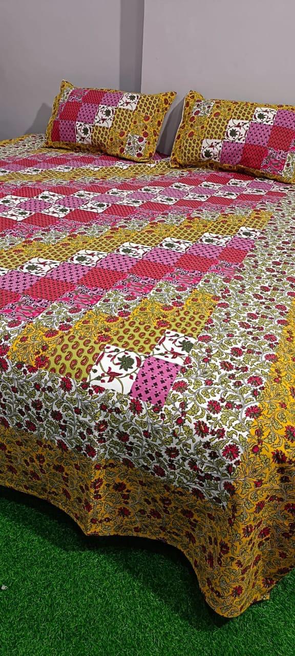 ArtbyKAMASK queen size bed sheet,green, pink blue and many colors hand-block print on organic cotton, with classic Bagru patterns.