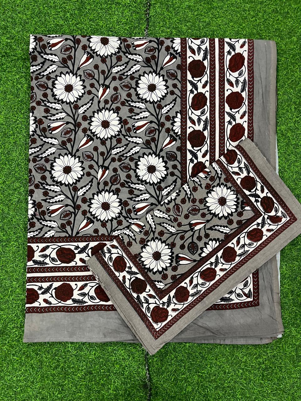 ArtbyKAMASK 100% Organic Cotton Hand Block Printed Double Bed Sheet - 210 TC Double Bed Sheet in Queen Size - Size - 90 X 108 Inches (228 x 274 cms) - 1 Bedsheet and 2 Pillow Covers - Omi Navy Blue & Grey