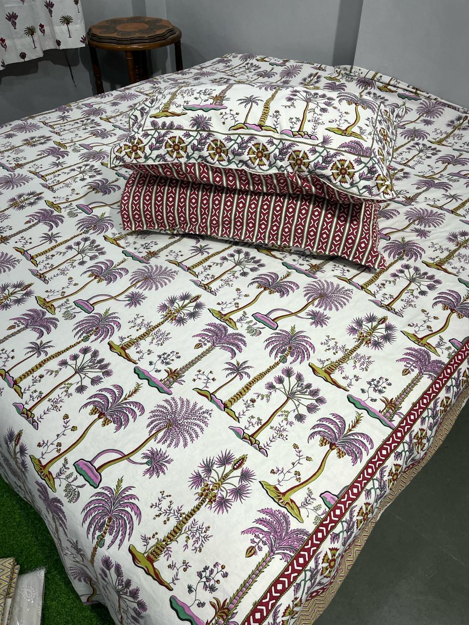 ArtbyKAMASK queen size bed sheet,green, pink blue and many colors hand-block print on organic cotton, with classic Bagru patterns.