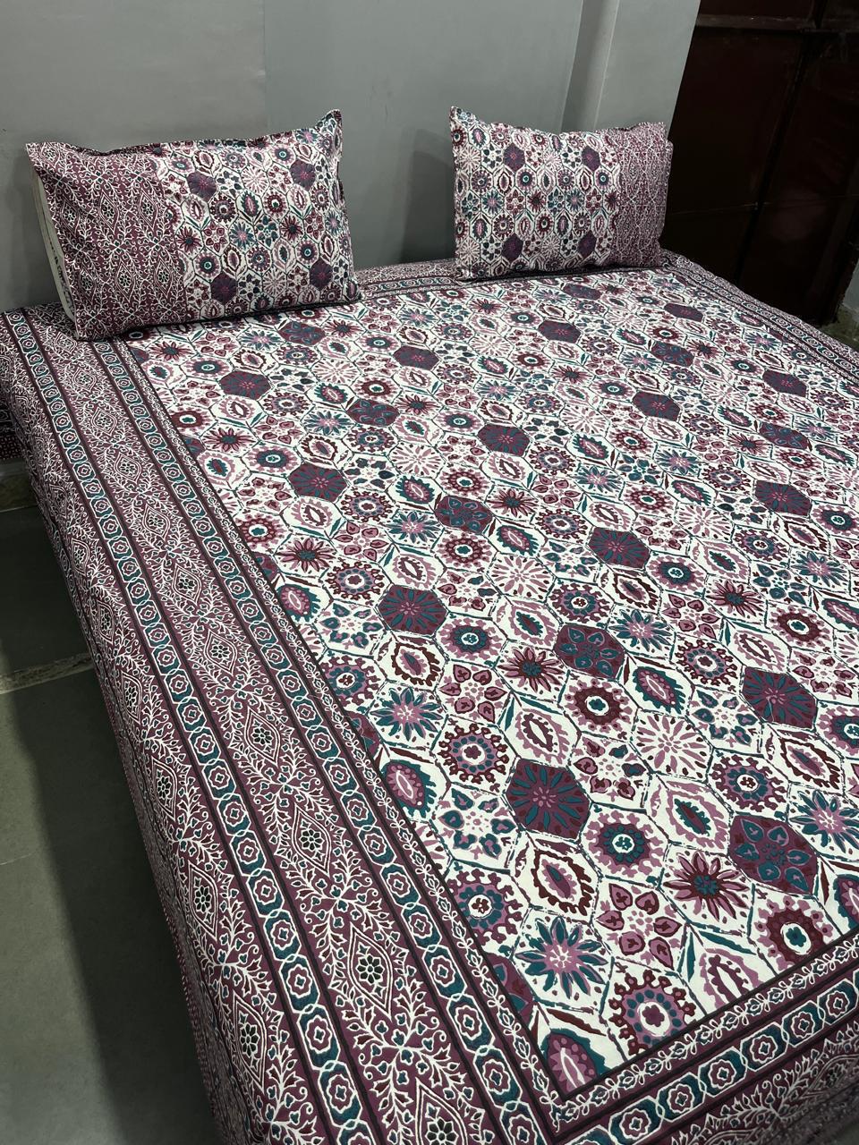 ArtbyKAMASK 100% Organic Cotton Hand Block Printed Double Bed Sheet - 210 TC Double Bed Sheet in King Size - Size - 108 X 108 Inches 274 x 274 cms) - 1 Bedsheet and 2 Pillow Covers - Jivika Blue + 2 Variants