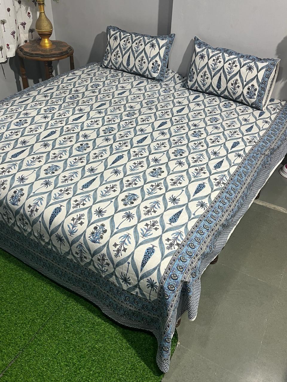 ArtbyKAMASK 100% Organic Cotton Hand Block Printed Double Bed Sheet I 210 TC Double Bed Sheet in Queen Size I Size - 90 X 108 Inches (228 x 274 cms) I 1 Bedsheet and 2 Pillow Covers I Raagini Off-White