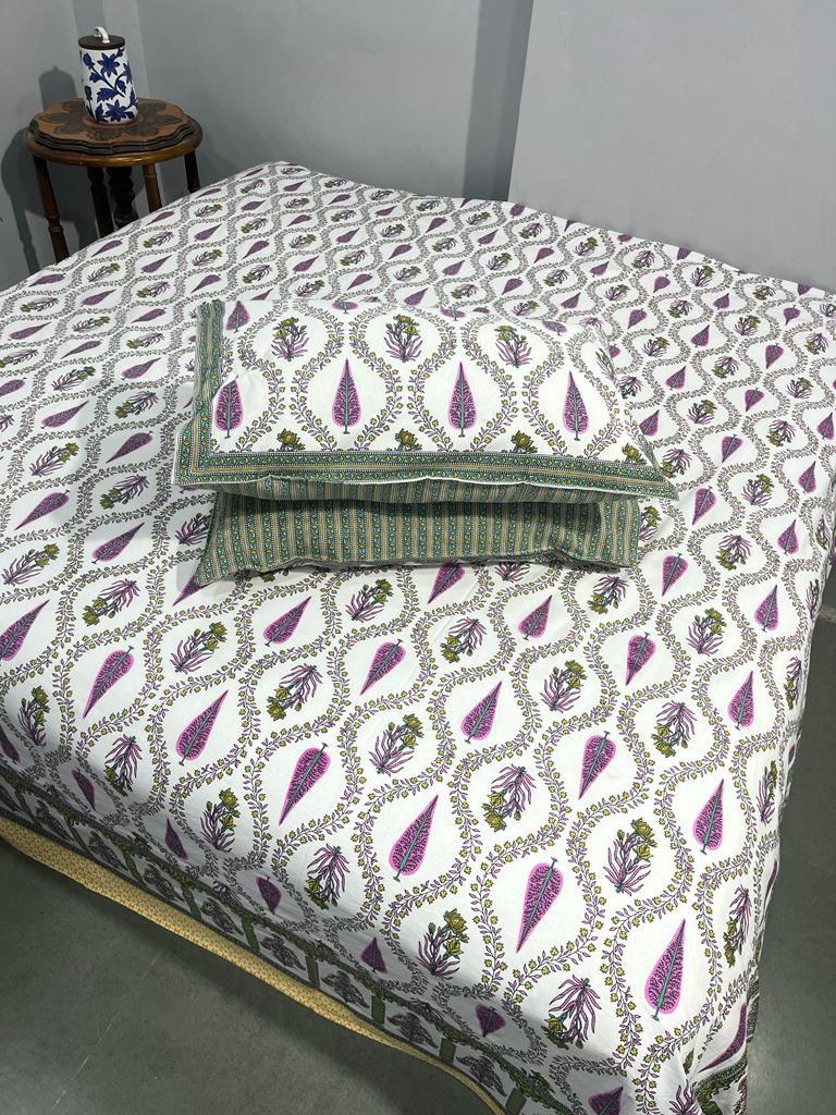 ArtbyKAMASK 100% Organic Cotton Hand Block Printed Double Bed Sheet I 210 TC Double Bed Sheet in Queen Size I Size - 90 X 108 Inches (228 x 274 cms) I 1 Bedsheet and 2 Pillow Covers I Raagini Off-White