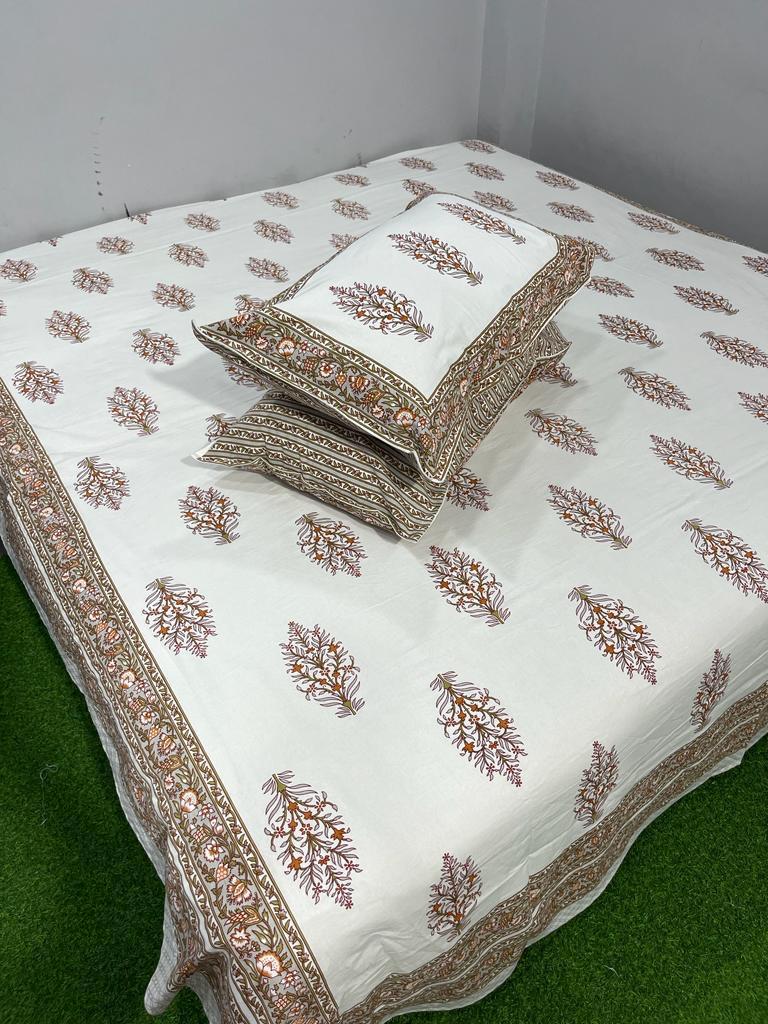 ArtbyKAMASK 100% Organic Cotton Hand Block Printed Double Bed Sheet - 210 TC Double Bed Sheet in Queen Size - Size - 90 X 108 Inches (228 x 274 cms) - 1 Bedsheet and 2 Pillow Covers - Ragni Pink + 2 Variants