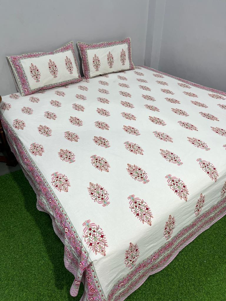 ArtbyKAMASK 100% Organic Cotton Hand Block Printed Double Bed Sheet - 210 TC Double Bed Sheet in Queen Size - Size - 90 X 108 Inches (228 x 274 cms) - 1 Bedsheet and 2 Pillow Covers - Ragni Pink + 2 Variants