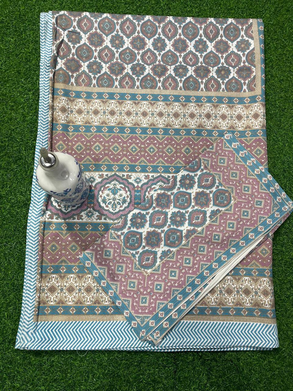 ArtbyKAMASK 100% Organic Cotton Hand Block Printed Double Bed Sheet - 210 TC Double Bed Sheet in Queen Size - Size - 90 X 108 Inches (228 x 274 cms) - 1 Bedsheet and 2 Pillow Covers - Ridhima Yellow & Blue