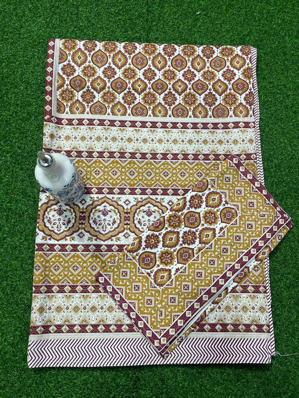 ArtbyKAMASK 100% Organic Cotton Hand Block Printed Double Bed Sheet - 210 TC Double Bed Sheet in Queen Size - Size - 90 X 108 Inches (228 x 274 cms) - 1 Bedsheet and 2 Pillow Covers - Ridhima Yellow & Blue