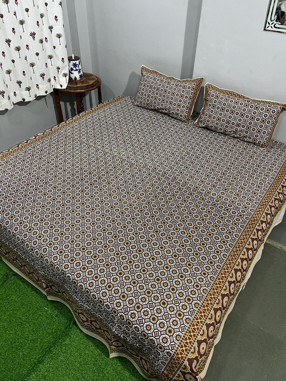 ArtbyKAMASK 100% Organic Cotton Hand Block Printed Double Bed Sheet - 210 TC Double Bed Sheet in Queen Size - Size - 90 X 108 Inches (228 x 274 cms) - 1 Bedsheet and 2 Pillow Covers - Roshini Green + 4 Variants