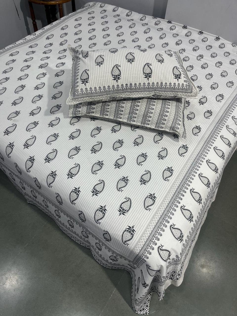 ArtbyKAMASK 100% Organic Cotton Hand Block Printed Double Bed Sheet I 210 TC Double Bed Sheet in Queen Size I Size - 90 X 108 Inches (228 x 274 cms) I 1 Bedsheet and 2 Pillow Covers I Sheetal Blue & White