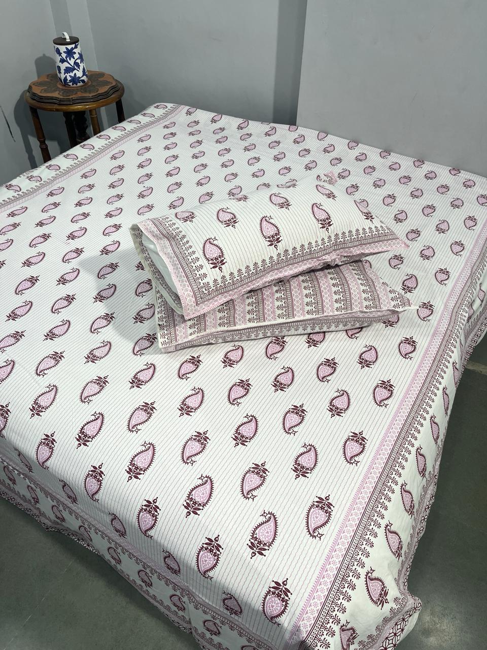 ArtbyKAMASK 100% Organic Cotton Hand Block Printed Double Bed Sheet I 210 TC Double Bed Sheet in Queen Size I Size - 90 X 108 Inches (228 x 274 cms) I 1 Bedsheet and 2 Pillow Covers I Sheetal Blue & White
