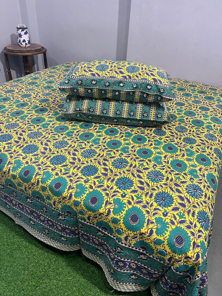 ArtbyKAMASK 100% Organic Cotton Hand Block Printed Double Bed Sheet - 210 TC Double Bed Sheet in King Size - Size - 108 X 108 Inches 274 x 274 cms) - 1 Bedsheet and 2 Pillow Covers - Siddhi Blue + 3 Variants